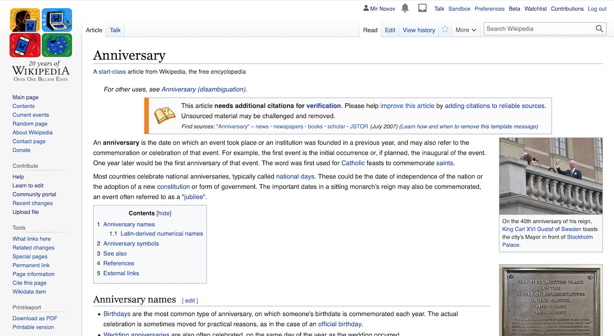The Wikipedia article for "Anniversary", with a characteristic template notice about uncited words.