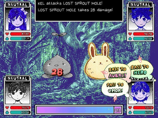 A battle scene in Omori, depicting two of the game's unique mechanics.
