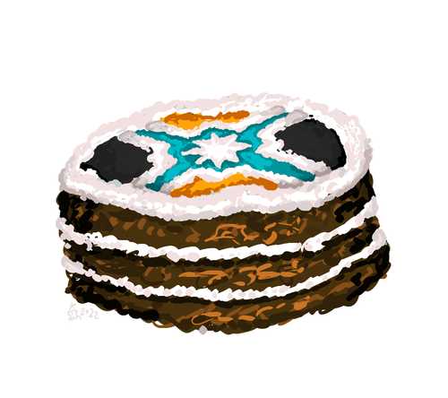 A heraldic-themed illustration of a chocolate cake.